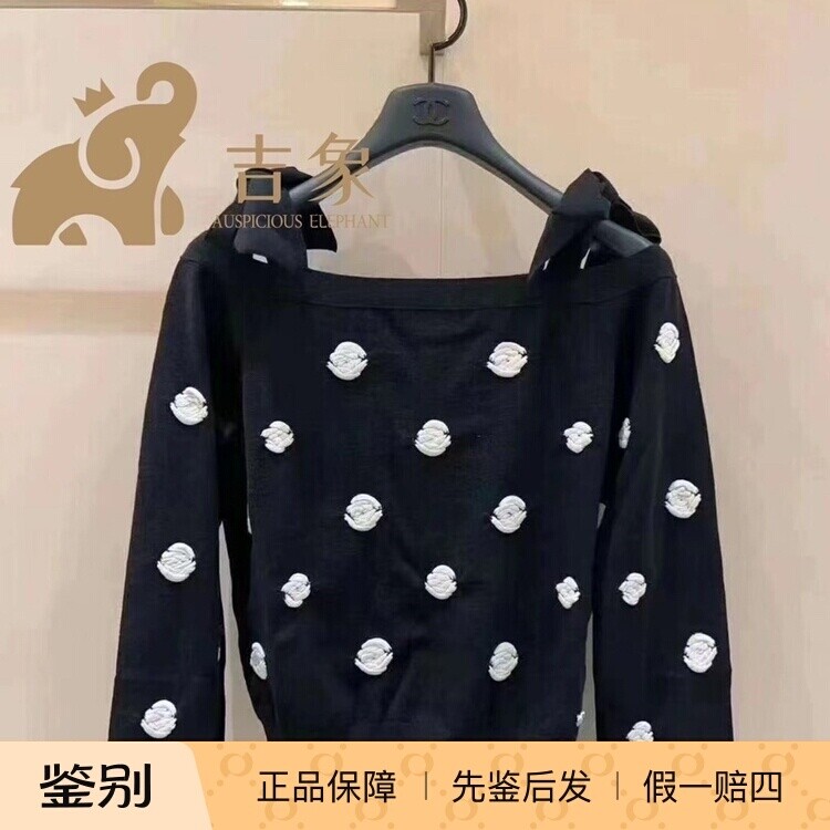 蝴蝶结一字领立体山茶花长袖上衣