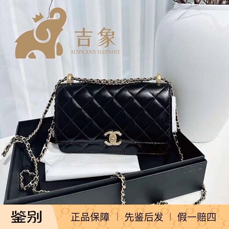 Chanel/香奈儿24新款女包黑色小牛皮WOC 双金珠链条发财包单肩斜