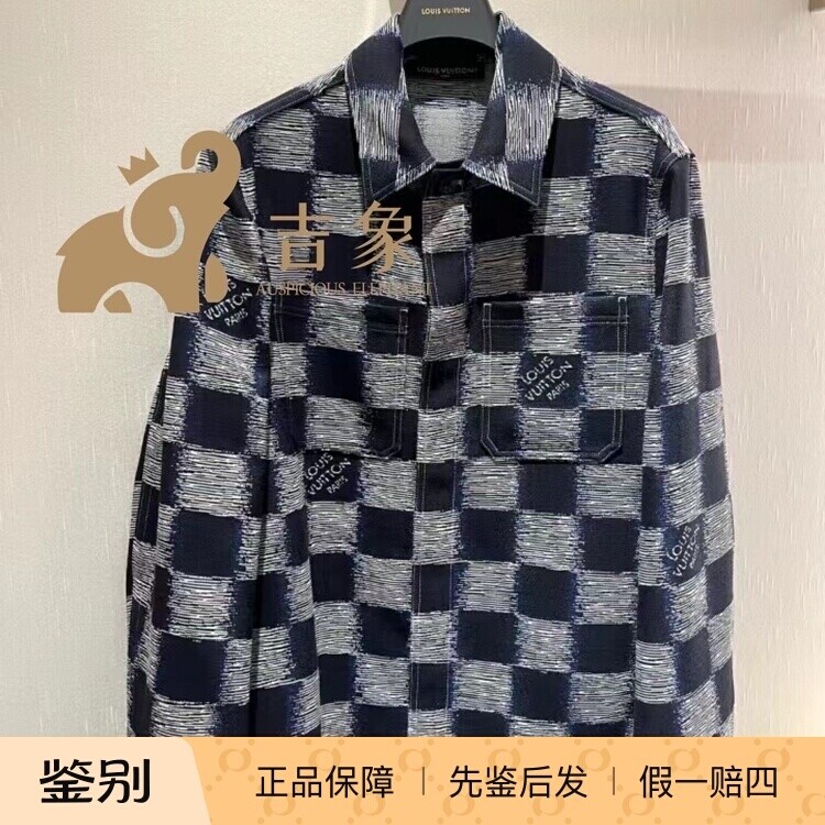 棋盘格长袖衬衫LV绵羊毛翻领潮流