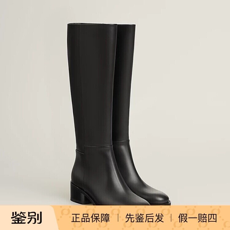 爱马仕新款黑色牛皮粗跟骑士靴