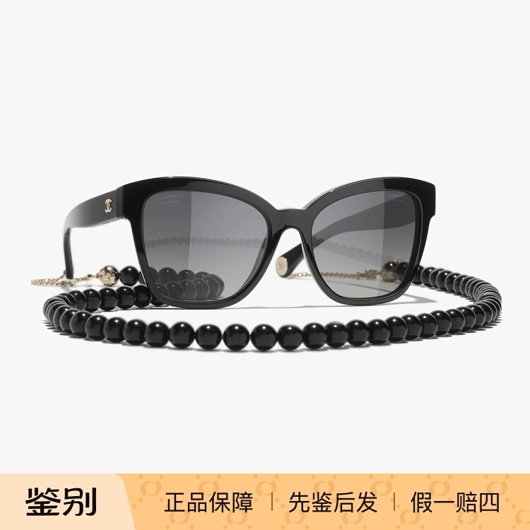 现货Chanel香奈儿新款女士黑色圆形珍珠链条挂脖方框太阳眼镜墨镜