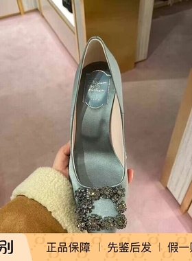 Roger Vivier2025新款女鞋蓝灰色缎面方块水钻尖头高跟鞋