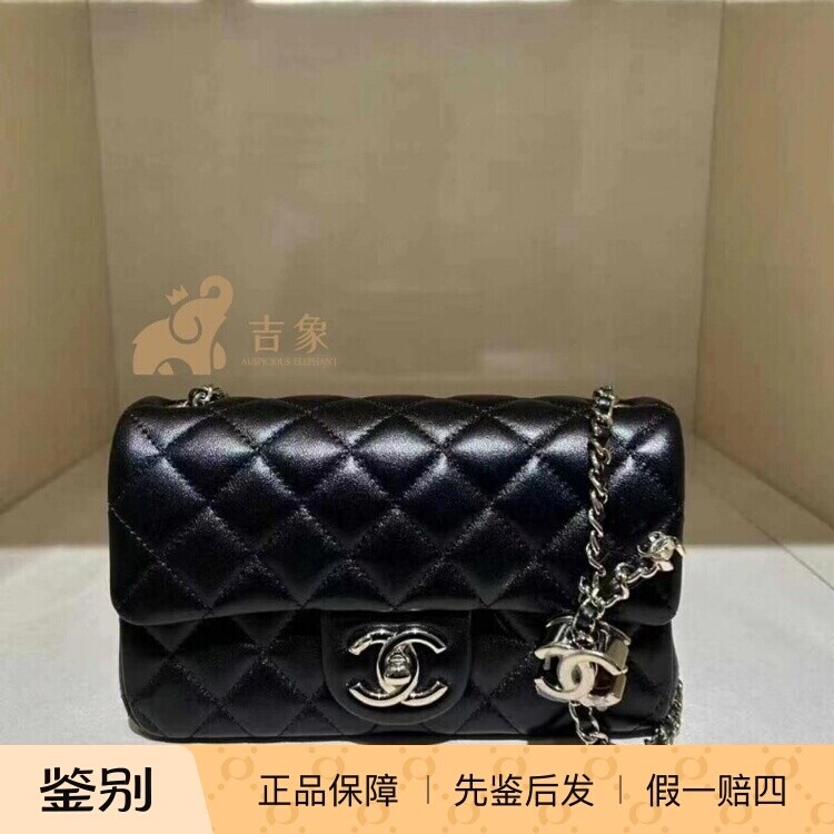 香奈儿黑金羊皮双C链条斜挎包