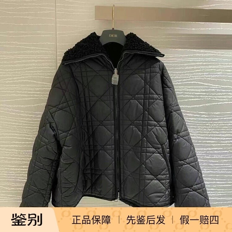 Dior/迪奥2024款女装黑色塔夫绸科技面料藤格纹毛绒内衬双面外套
