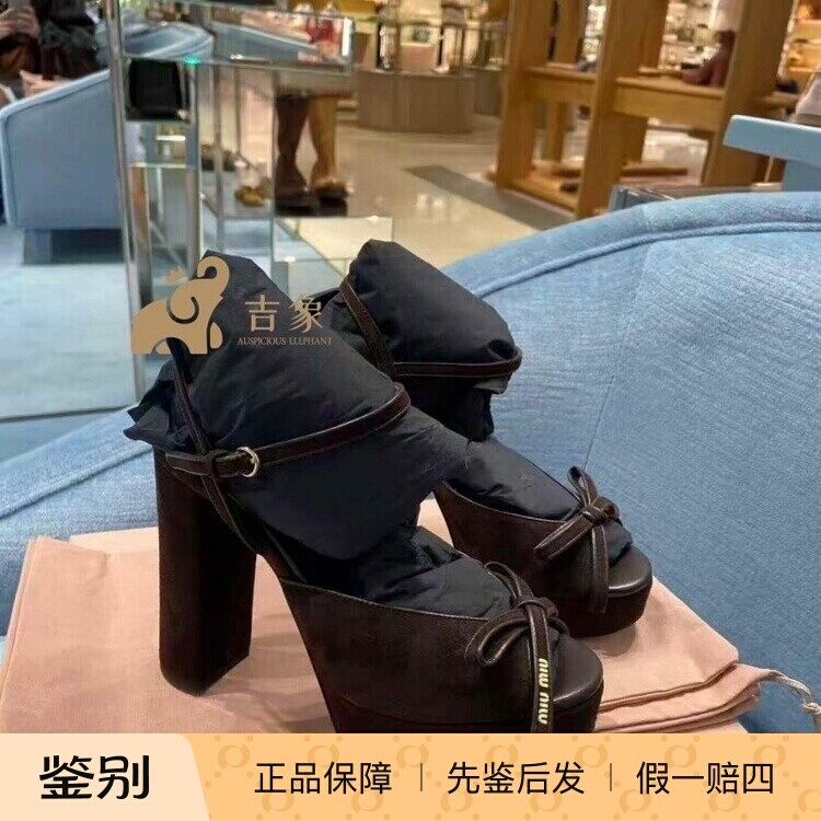 缪缪新款麂皮蝴蝶结高跟凉鞋