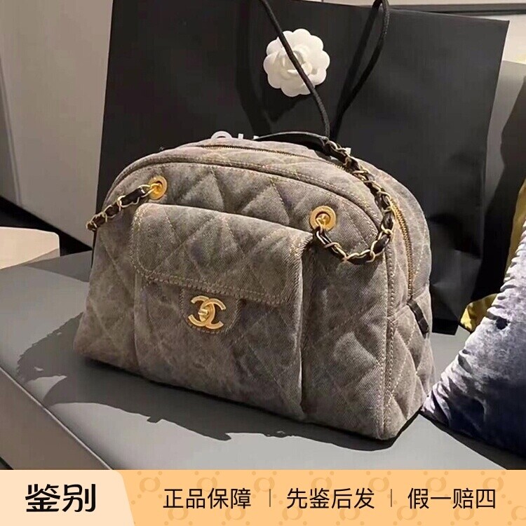 Chanel香奈儿24A新款女包做旧水洗牛仔maxi 超大号保龄球包