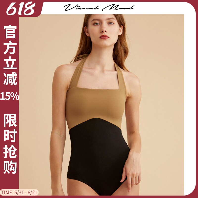 visual mood度假泳衣复古黄黑撞色法式挂脖系带遮肚显瘦连体泳装