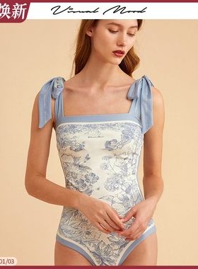 visual mood法式连体泳衣女显瘦复古蓝双面印花海边温泉度假泳衣