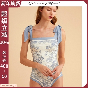visual 连体泳衣女显瘦复古蓝双面印花海边温泉度假泳衣 mood法式