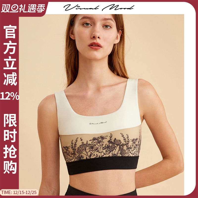 VISUAL MOOD复古拼接印花时尚百搭带胸垫显瘦健身瑜伽跑步背心女