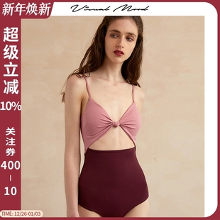 visual mood泳衣女红粉拼接撞色镂空显瘦高腰连体度假温泉游泳衣