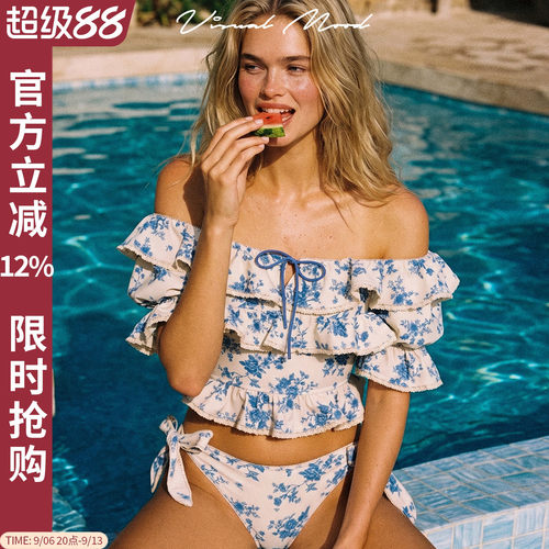 visualmood一字肩碎花分体泳衣