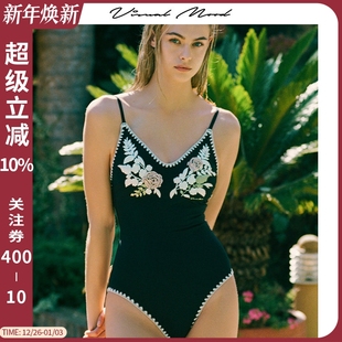 visual mood泳衣女复古盘花刺绣黑白遮肚显瘦连体温泉度假泳装