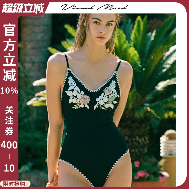 visual mood泳衣女复古盘花刺绣黑白遮肚显瘦连体温泉度假泳装