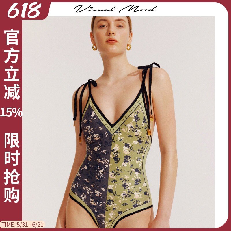 visual mood连体泳衣女复古双面热带印花系带性感显瘦度假游泳装