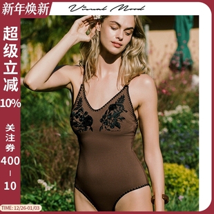 visual mood泳衣女复古盘花刺绣V领棕黑遮肚显瘦连体温泉度假泳装