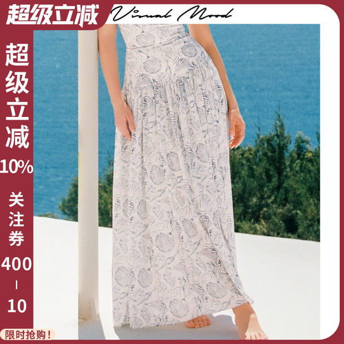 visual mood蓝贝壳长裙雪纺印花裙度假小众高级感海边沙滩裙2026