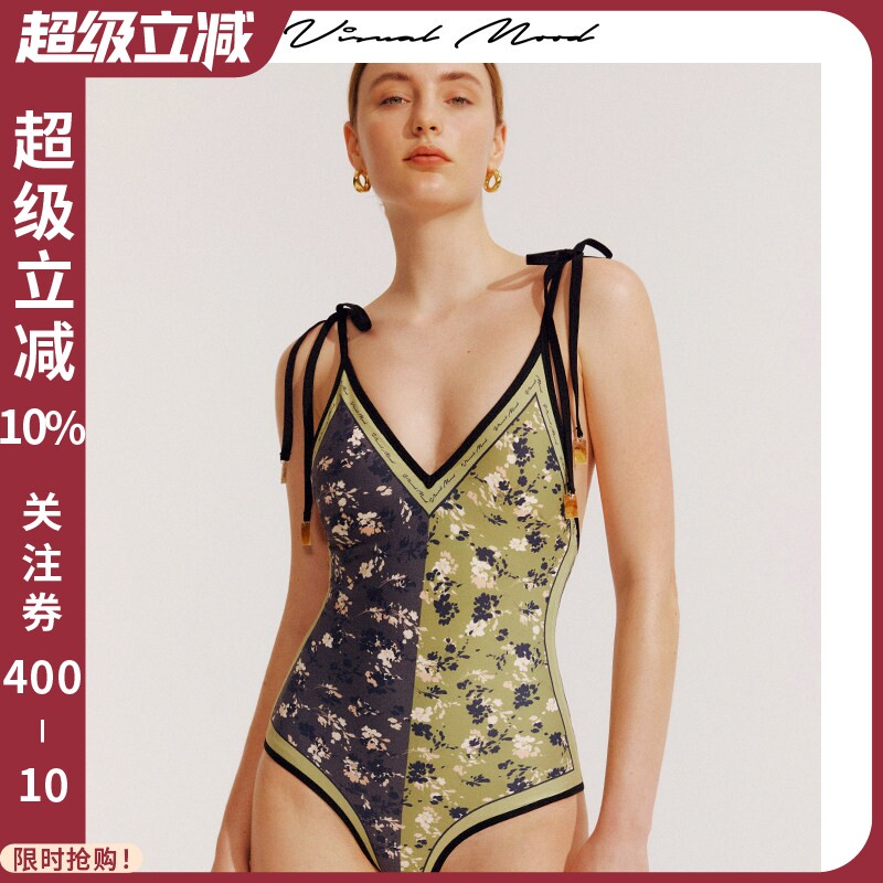 visual mood连体泳衣女复古双面热带印花系带性感显瘦度假游泳装