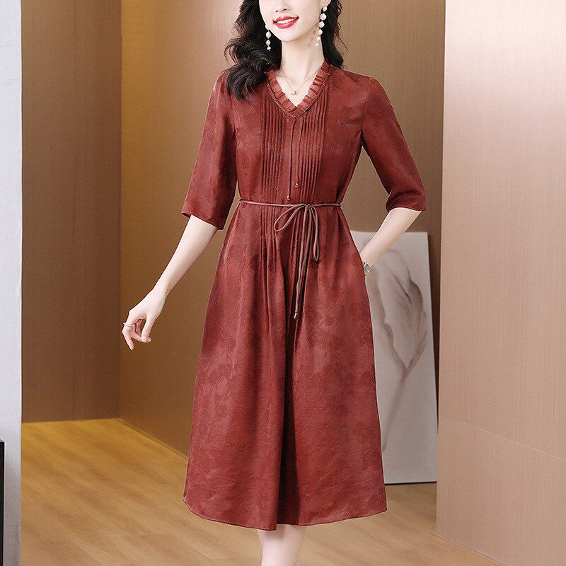 速发香云纱真丝连衣裙春款高端喜婆婆裙子遮肚妈妈装