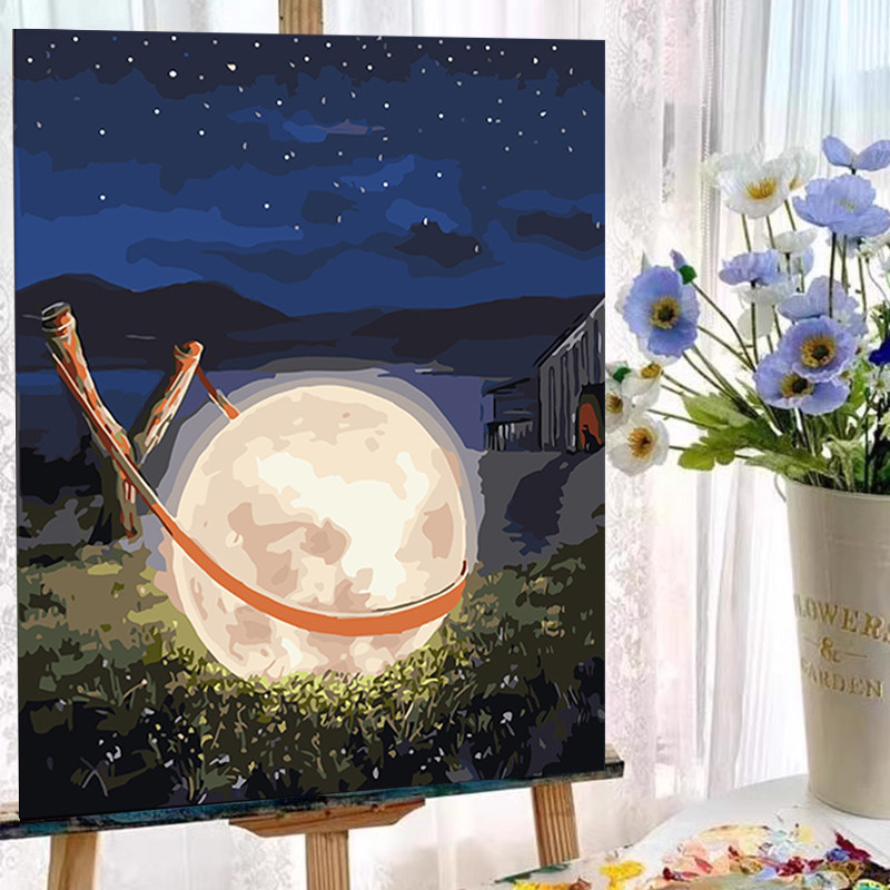 速发月球数字彩画手工手绘丙色画填充涂烯风景解压油油装饰画