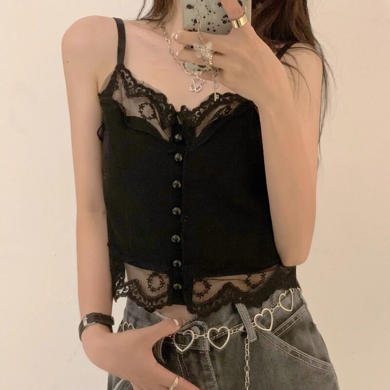 速发夏季新款法式小众蕾丝拼接针织吊带背心女胖妹妹大码短款上衣