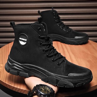 速发马丁磨男鞋夏季高帮厚底滑防耐靴劳保帆布户外登山作战黑色工