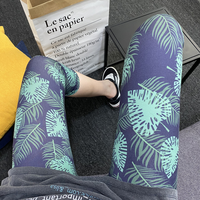 速发薄款印花打底裤 七分裤外穿小脚高腰瑜伽裤弹力紧身裤春夏