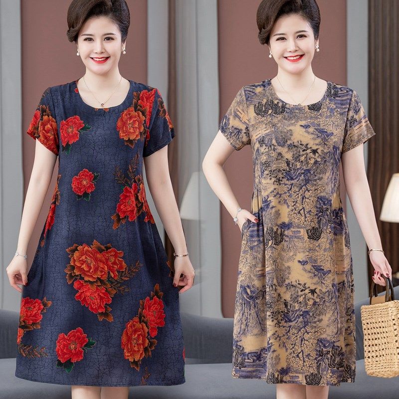 速发妈妈夏装老衣奶洋气中连年人士夏季休闲宽松奶裙装棉绸裙子