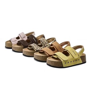 速发6cm鞋高凉鞋20季5夏2新款外穿一字带豹纹拖增软木鞋子