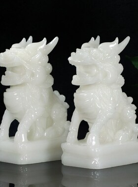 速发汉白玉麒麟关件招财玉石麒麟一客对厅玄摆博古架家居装饰