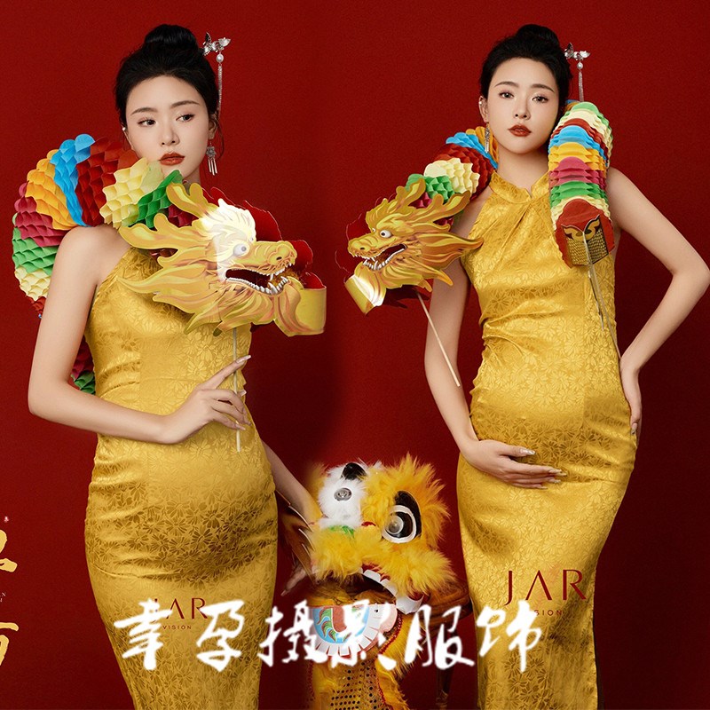 速发影楼孕年主题新款孕妈咪复古中国风黄色旗袍龙年新妇照摄影服
