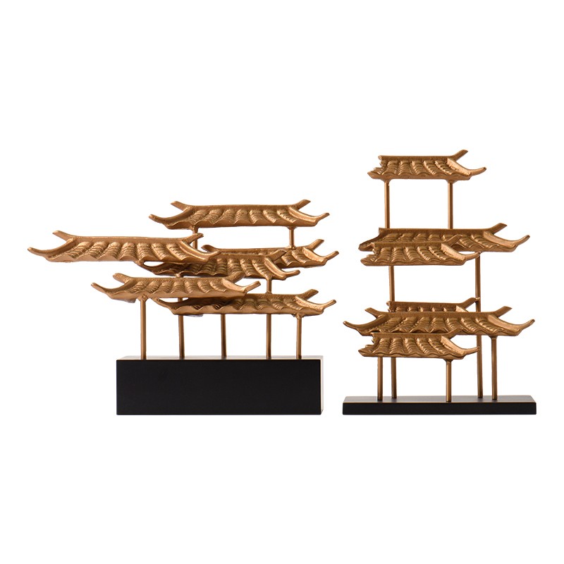 速发新中式属设屋檐金色软装饰品玄关酒店陈金艺术样板房徽派摆件
