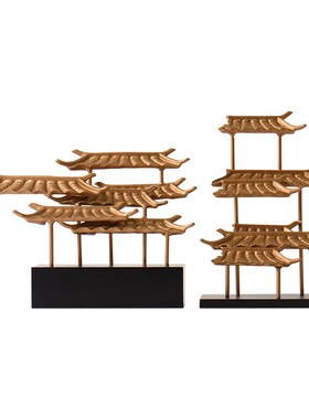 速发新中式属设屋檐金色软装饰品玄关酒店陈金艺术样板房徽派摆件