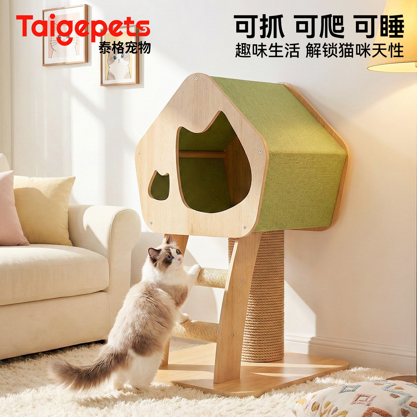 猫爬架猫窝一体四季通用小型不占地实木树屋家用猫架子剑麻猫抓柱,宠物/宠物食品及用品,猫爬架,淘宝优惠券,粉丝福利购,淘宝优惠卷
