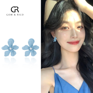 夏日蚊香盘度假风气质蓝色花朵耳钉女儿童耳夹无耳洞女新款 耳环