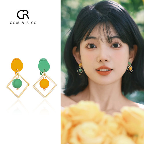 适合夏天的不对称撞色度假蚊香盘耳夹无耳洞女绿色耳钉小清新耳环