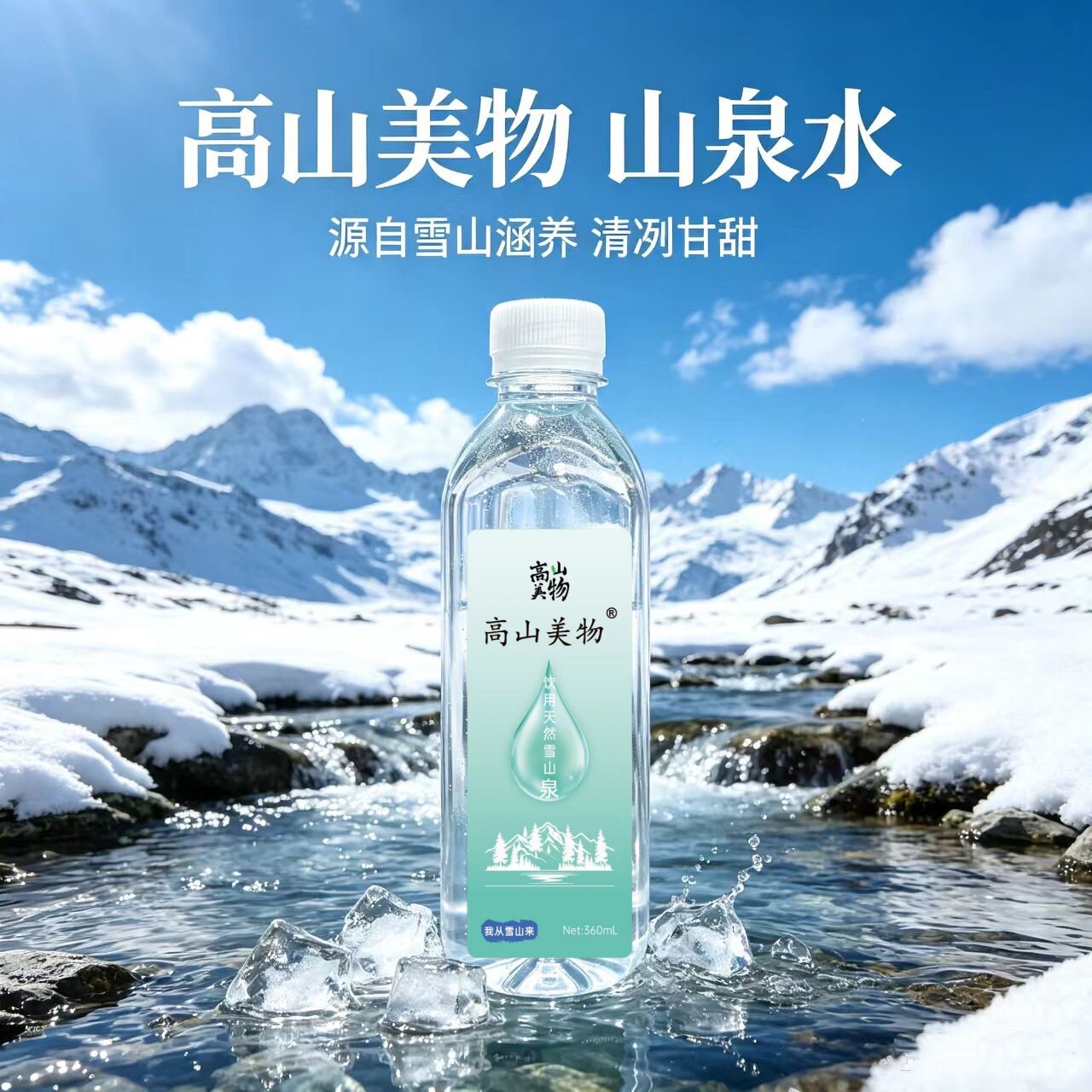 高山美物天然雪山山泉水360ml 12瓶装清冽甘甜饮用自涌山泉水