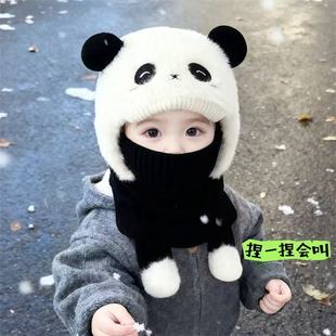 儿童帽子秋冬季加绒加厚男女童毛绒帽围脖可爱宝宝防风护耳一体帽