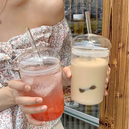 500ml Glass Coffee Cups With Lids Straws,Clear Smoothie Glas