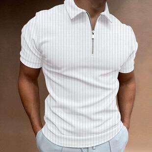 外贸男装时尚纯色暗条纹短袖Polo衫翻领修身T恤潮Men polo shirt