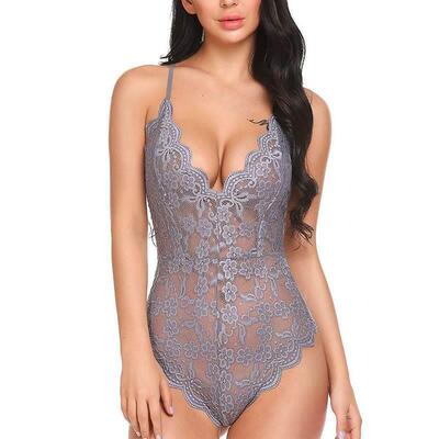 Solid Tone Strap Lace V-Neck Bodysuit吊带蕾丝V领紧身连体衣女