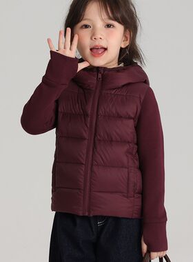 女童初冬拼接袖羽绒服外套2024冬季新款儿童纯色连帽轻薄羽绒服