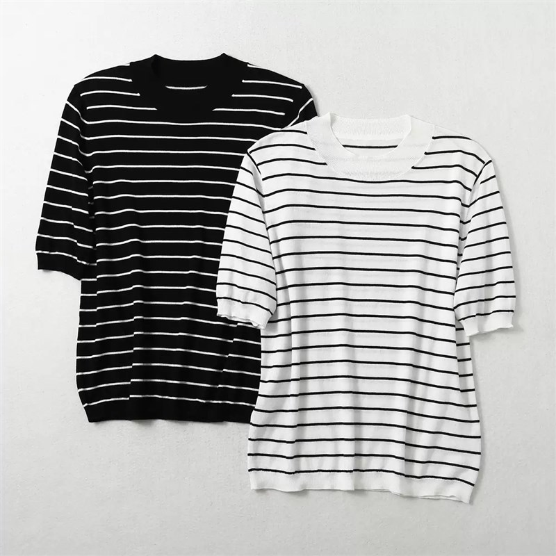 新品绢丝棉针织圆领T恤女生细条纹上衣宽松夏季女装套头撞色短袖