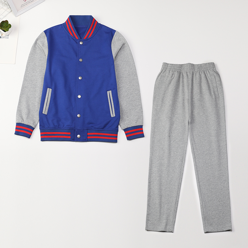 儿童棒球服彩蓝色配灰色外套男童英伦运动套装女童学院小学生校服