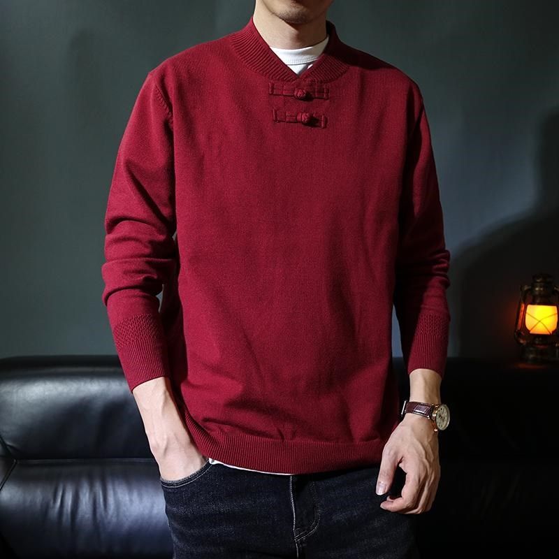 中国风秋季男款盘扣红色休闲唐装针织衫新年打底衫毛衣套头毛线衫,男装,唐装,淘宝优惠券,粉丝福利购,淘宝优惠卷