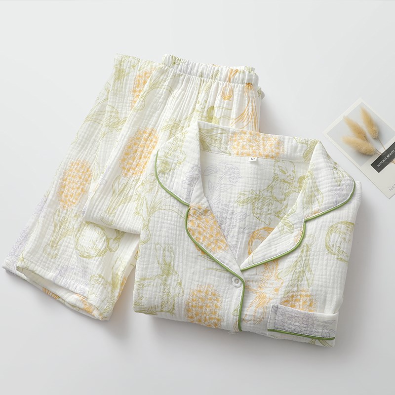 卡通兔睡衣女生纯棉纱日系翻领长袖长裤春夏薄款家居睡眠服可外穿