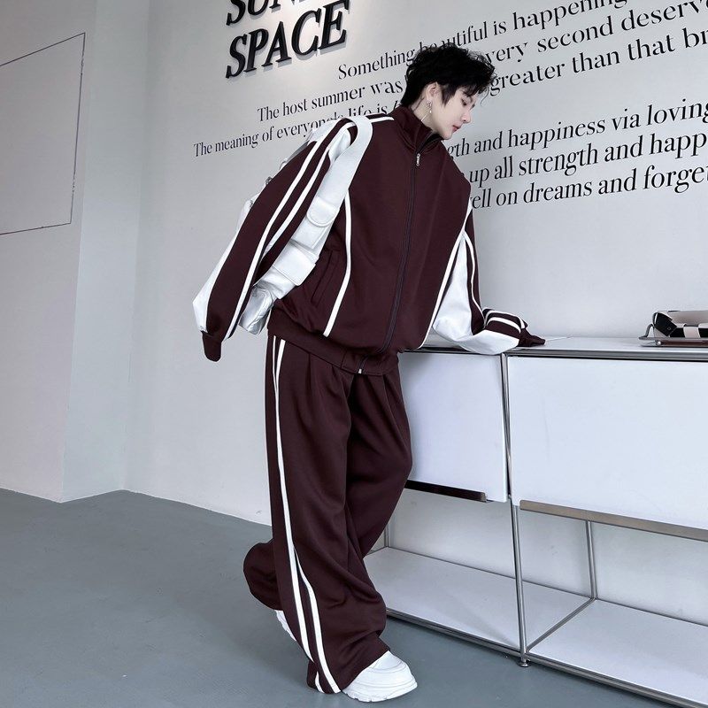 美式复古撞色拼皮立领开衫卫衣套装男设计感休闲长裤运动两件套潮,男装,休闲运动套装,淘宝优惠券,粉丝福利购,淘宝优惠卷