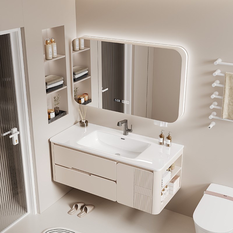 橡木奶油风浴室柜组合陶瓷一体盆卫生间洗漱台新款洗手洗脸盆柜