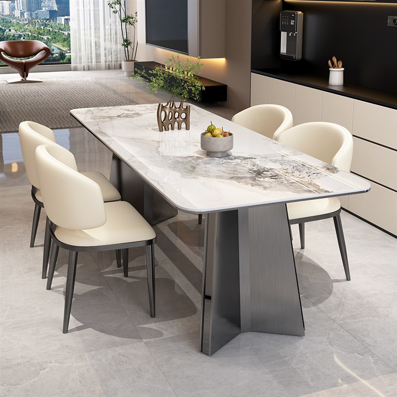不锈钢小户型意式极简白色岩板长方形餐桌椅组合家用现代简约饭桌