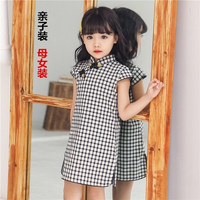 女童旗袍夏亲子装中式连衣裙母女装儿童格子民国服纯棉中国风大码